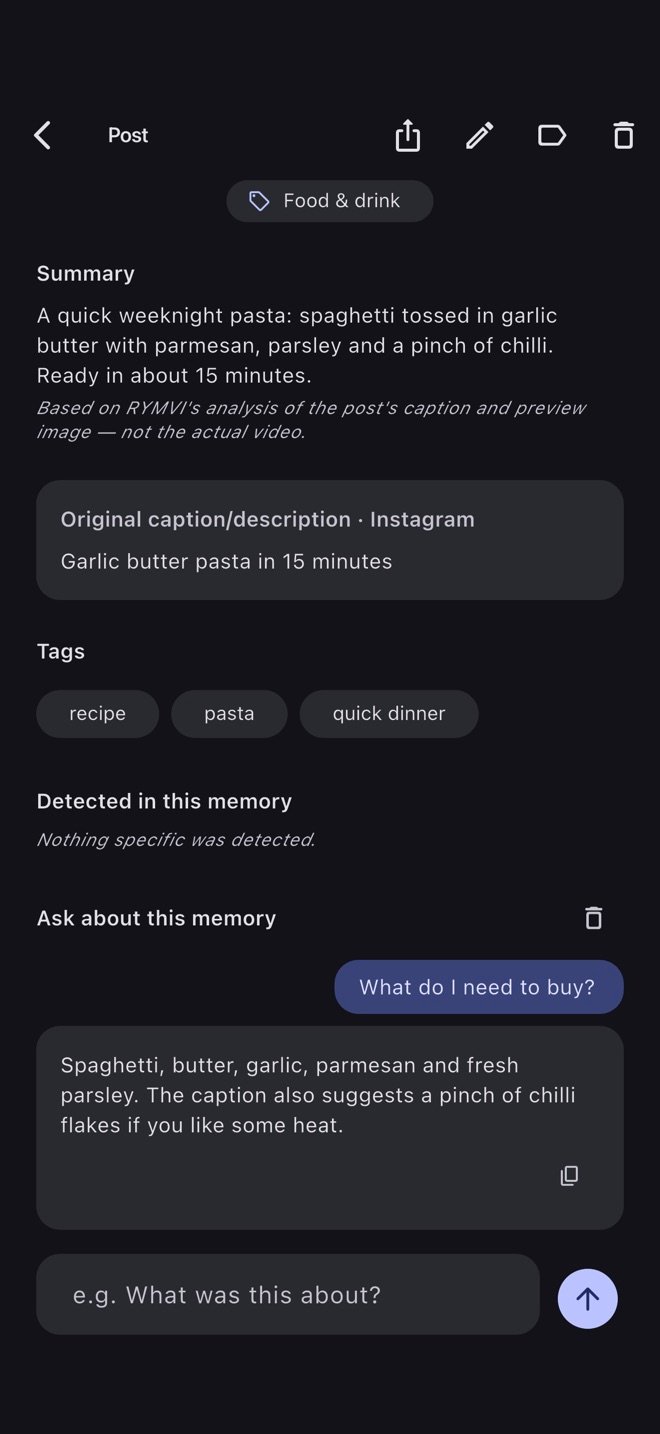 Ask About Memory in RYMVI: a question about saved memories and an answer that links back to them.